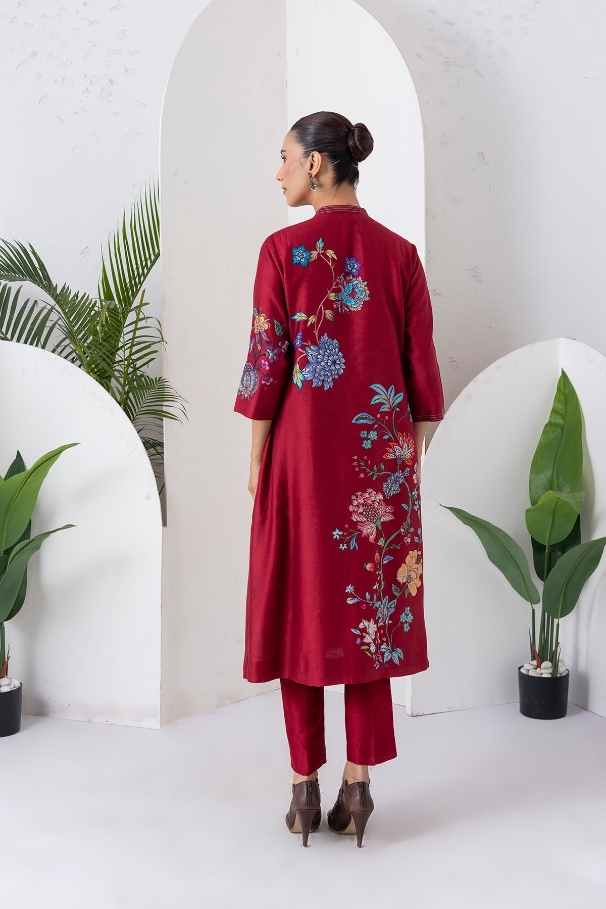 Maroon Silk Chanderi Floral Printed Front Open Dress (1 PC)