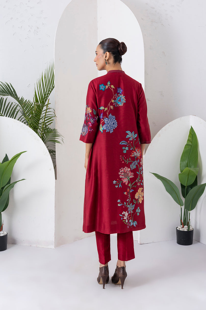 Maroon Silk Chanderi Floral Printed Front Open Dress (1 PC)