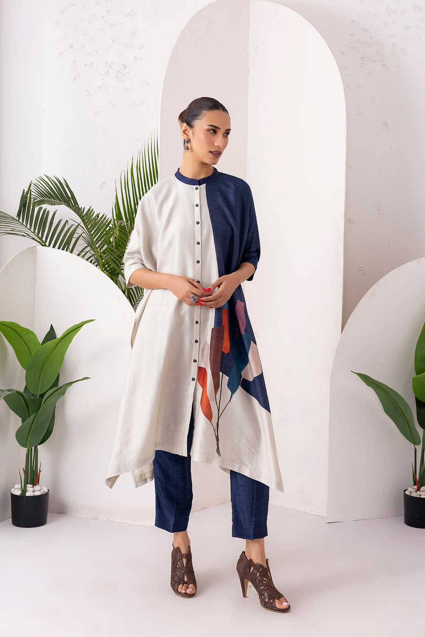 Blue & Ivory Silk Chanderi Printed Kaftan Style Dress (1 PC)