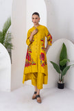 Yellow Silk Chanderi Printed Front Open Floral High-Low Dress (1 PC)
