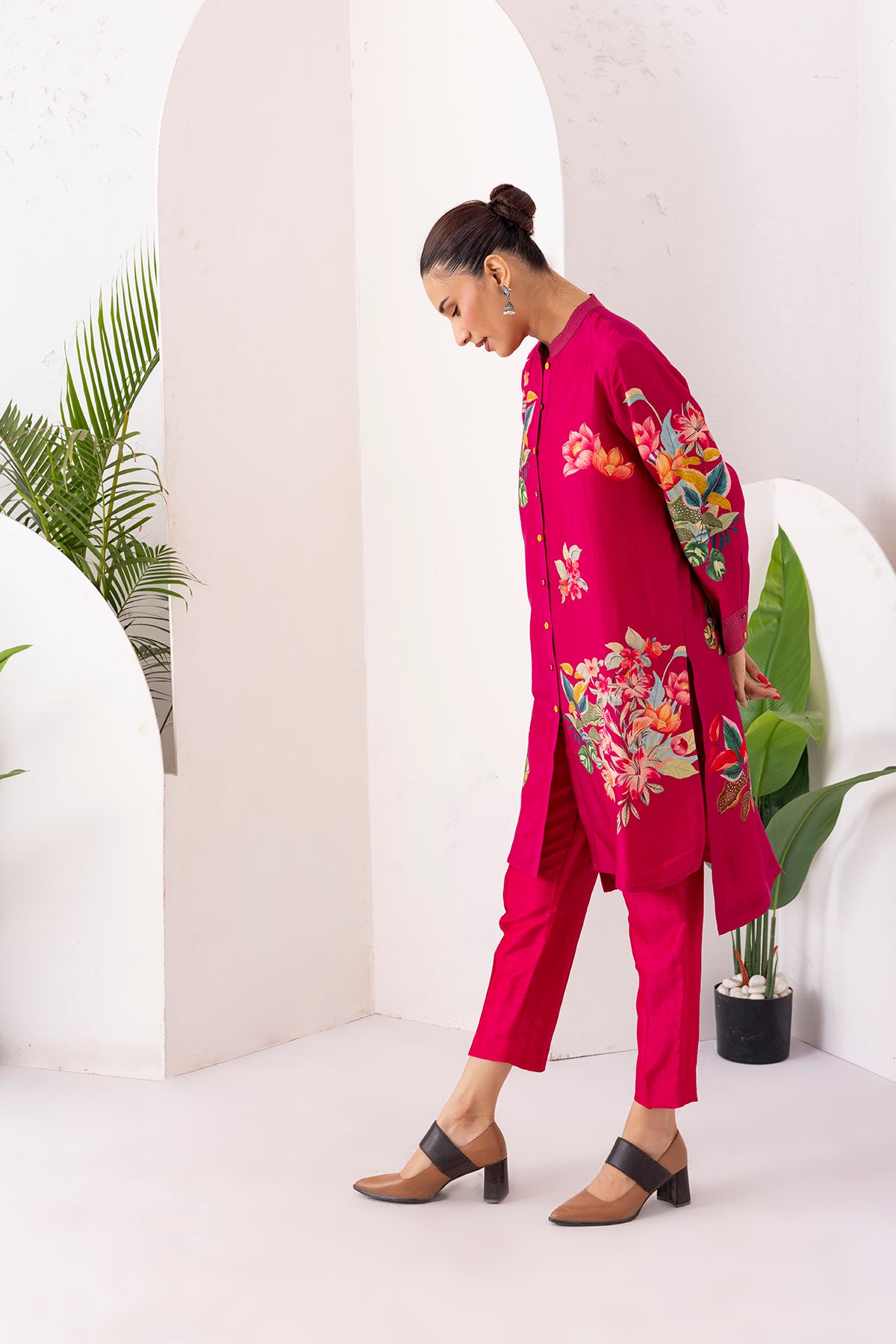 Hot Pink Silk Chanderi Floral Printed Shirt Style Tunic (1 PC)