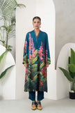 Indigo Silk Chanderi Front-Pleated Tropical Floral Illustration Printed Dress (1 PC)