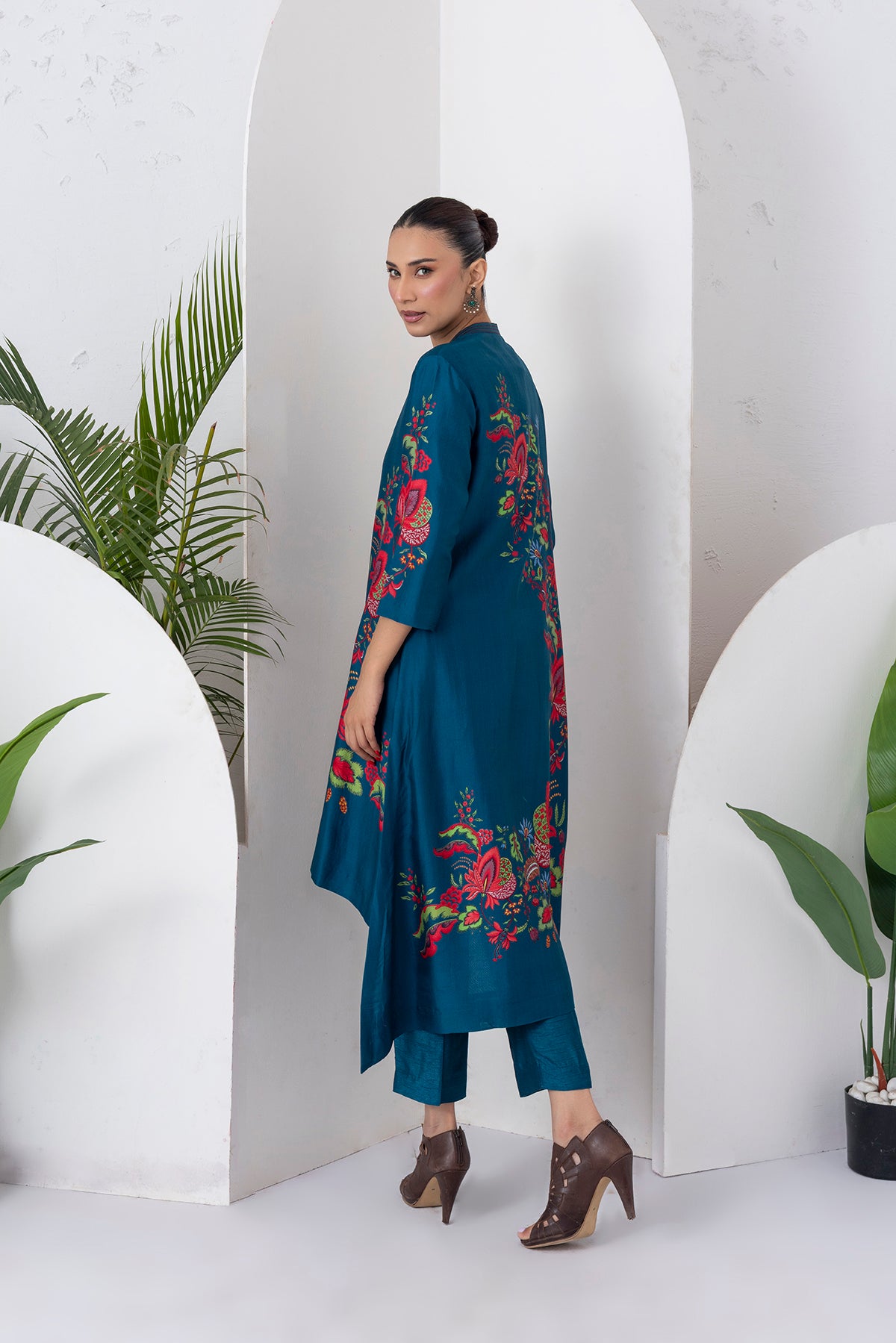 Indigo Silk Chanderi Printed Front Open Floral High-Low Dress (1 PC)