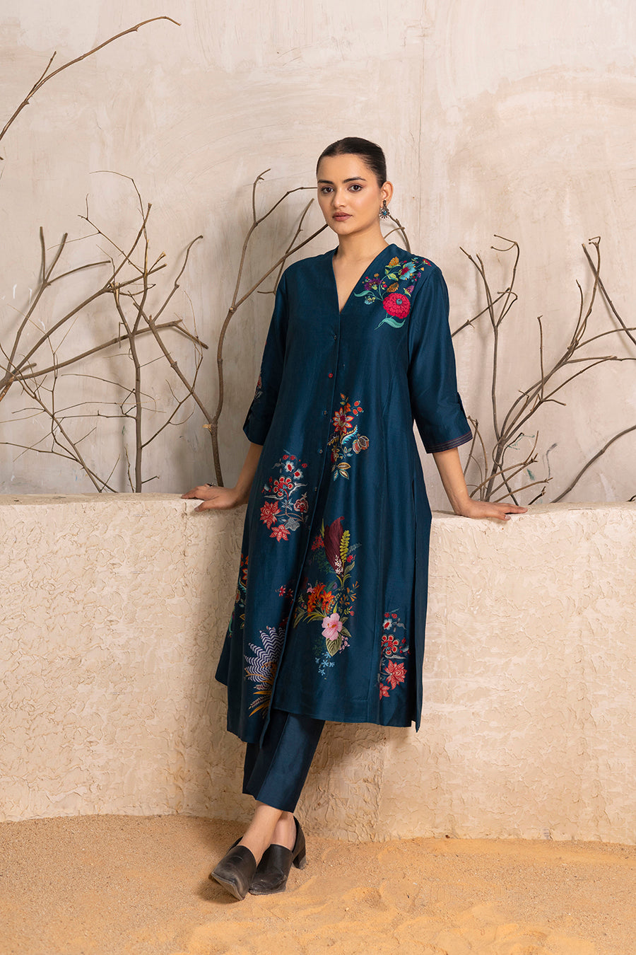 Indigo Silk Chanderi Printed High-Low Dress (1 PC)