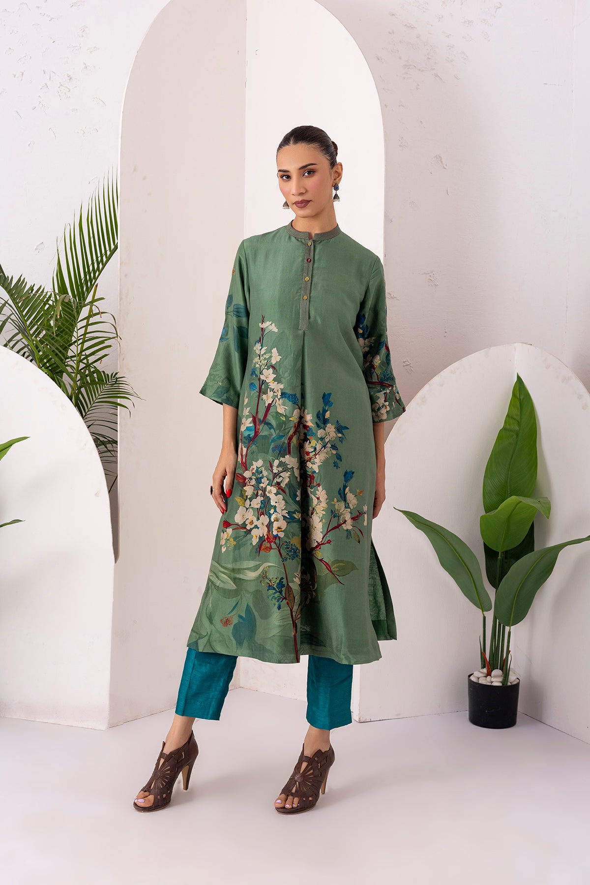 Sage Green Silk Chanderi Printed Front Pleat Tunic (1 PC)