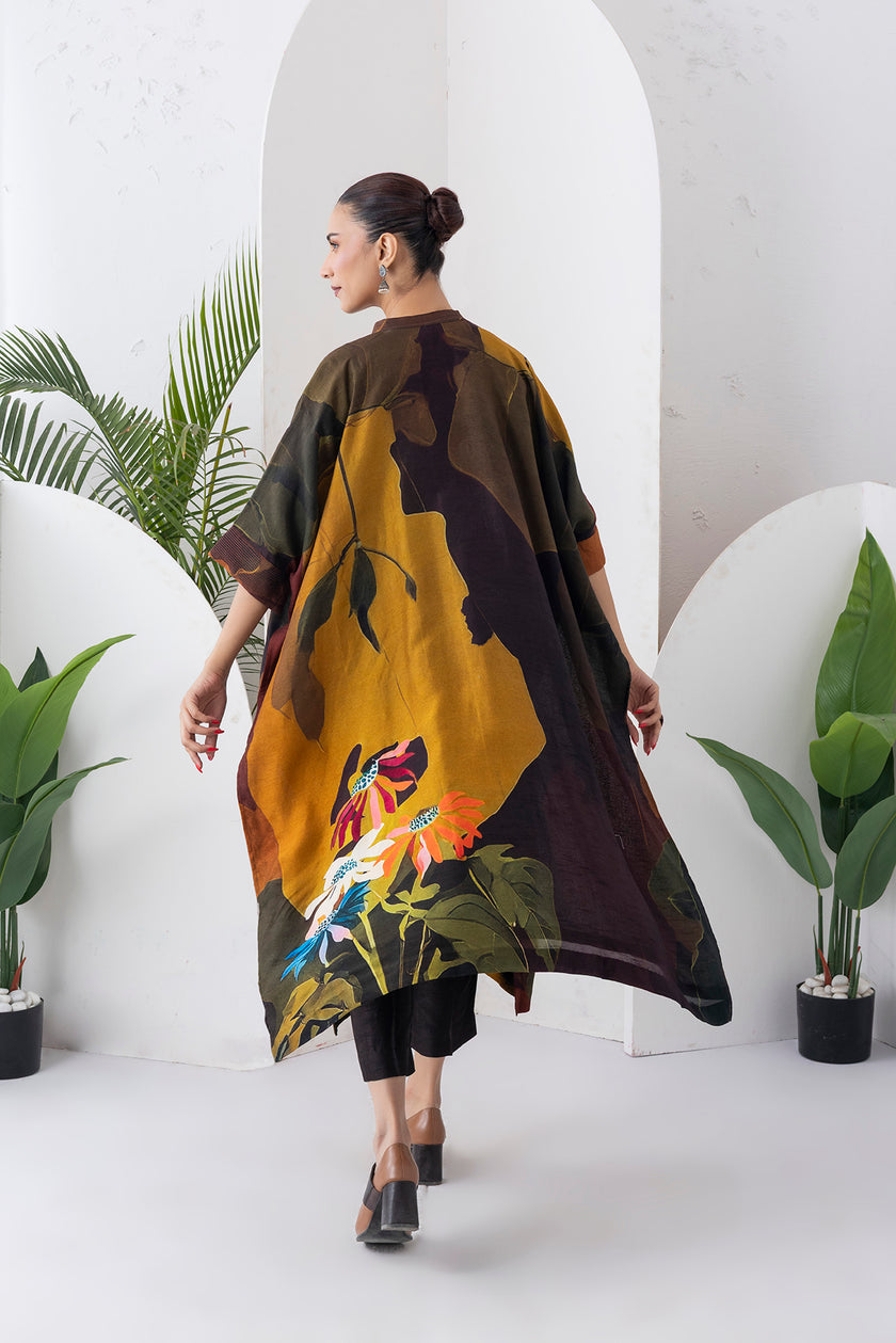Mustard & Brown Viscose Dupion Printed Kaftan Style Dress (1 PC)
