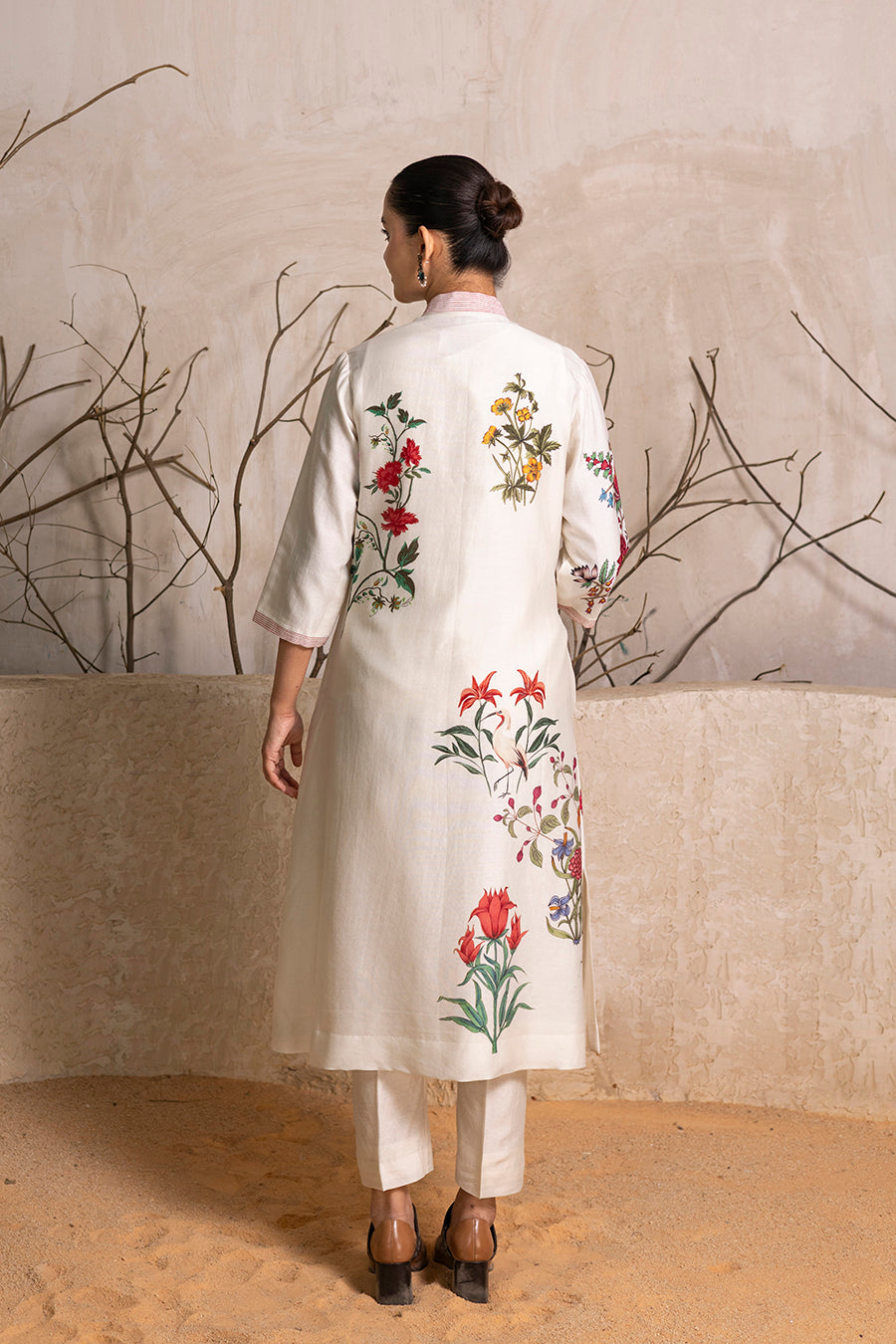 Ivory Silk Chanderi Floral Printed Front Open Dress (1 PC)