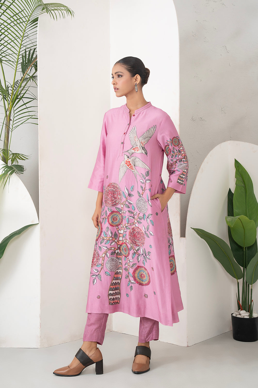Salmon Pink Silk Chanderi Printed Intricate Bird And Floral Printed Tunic (1 PC)