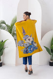 Yellow Silk Chanderi Front Open Kaftan Style Printed Dress (1 PC)