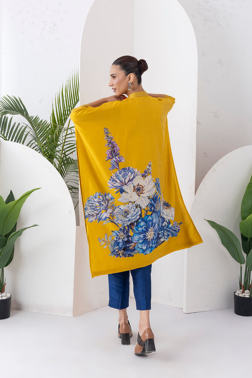 Yellow Silk Chanderi Front Open Kaftan Style Printed Dress (1 PC)