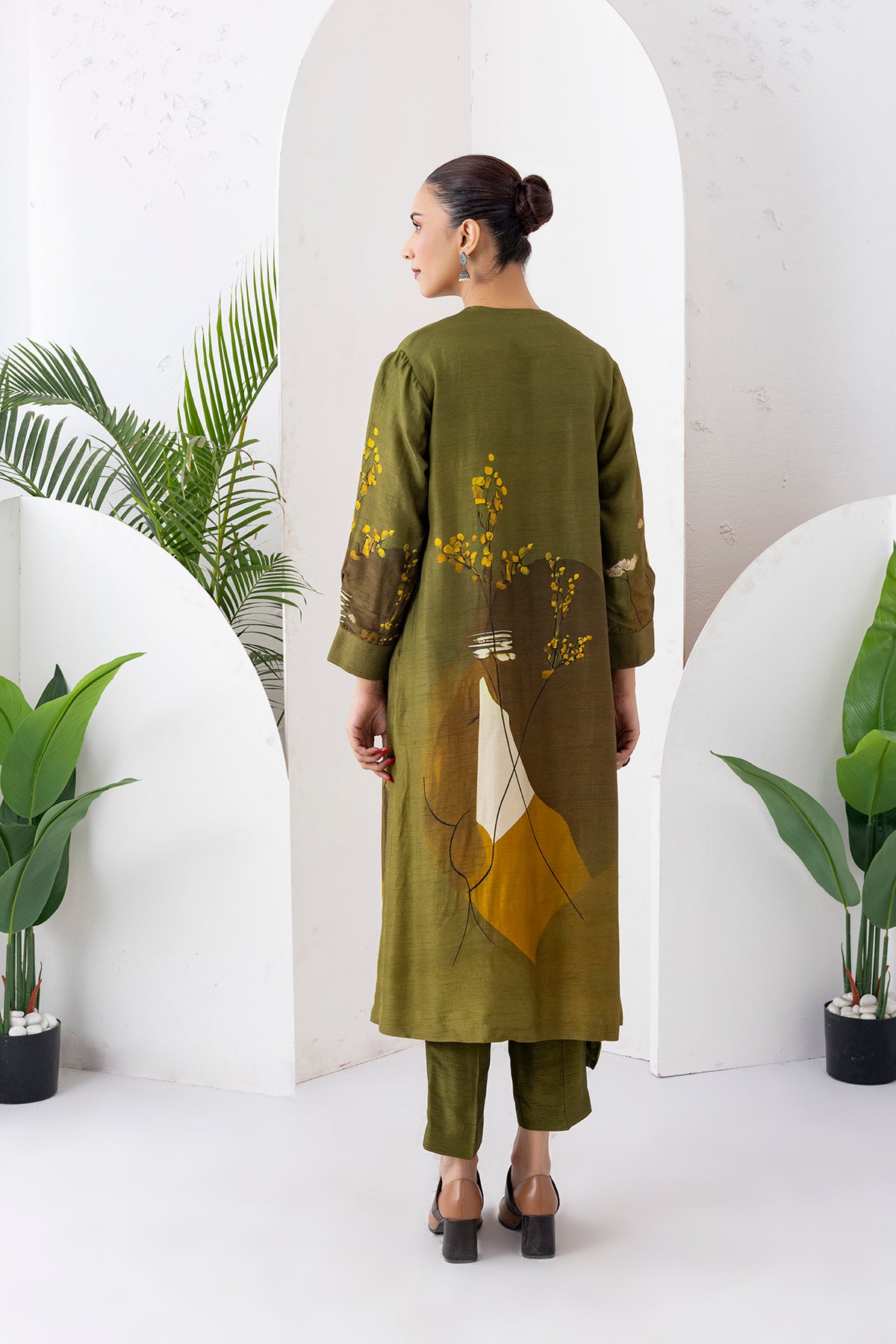 Moss Green Shaded Viscose Dupion Printed High-Low Dress (1 PC)