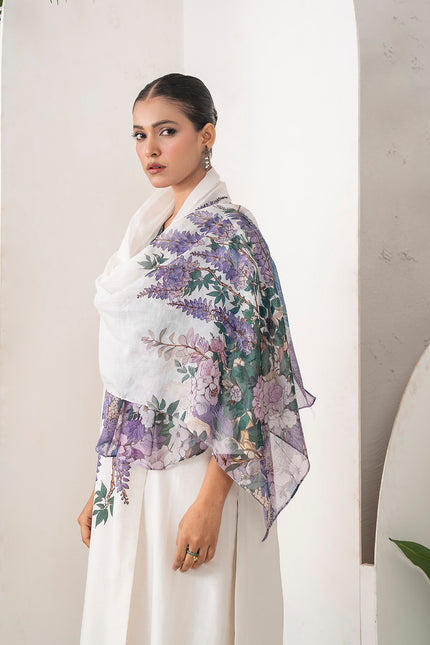 Ivory Thin Chanderi Wisteria Printed Stole (1 PC)