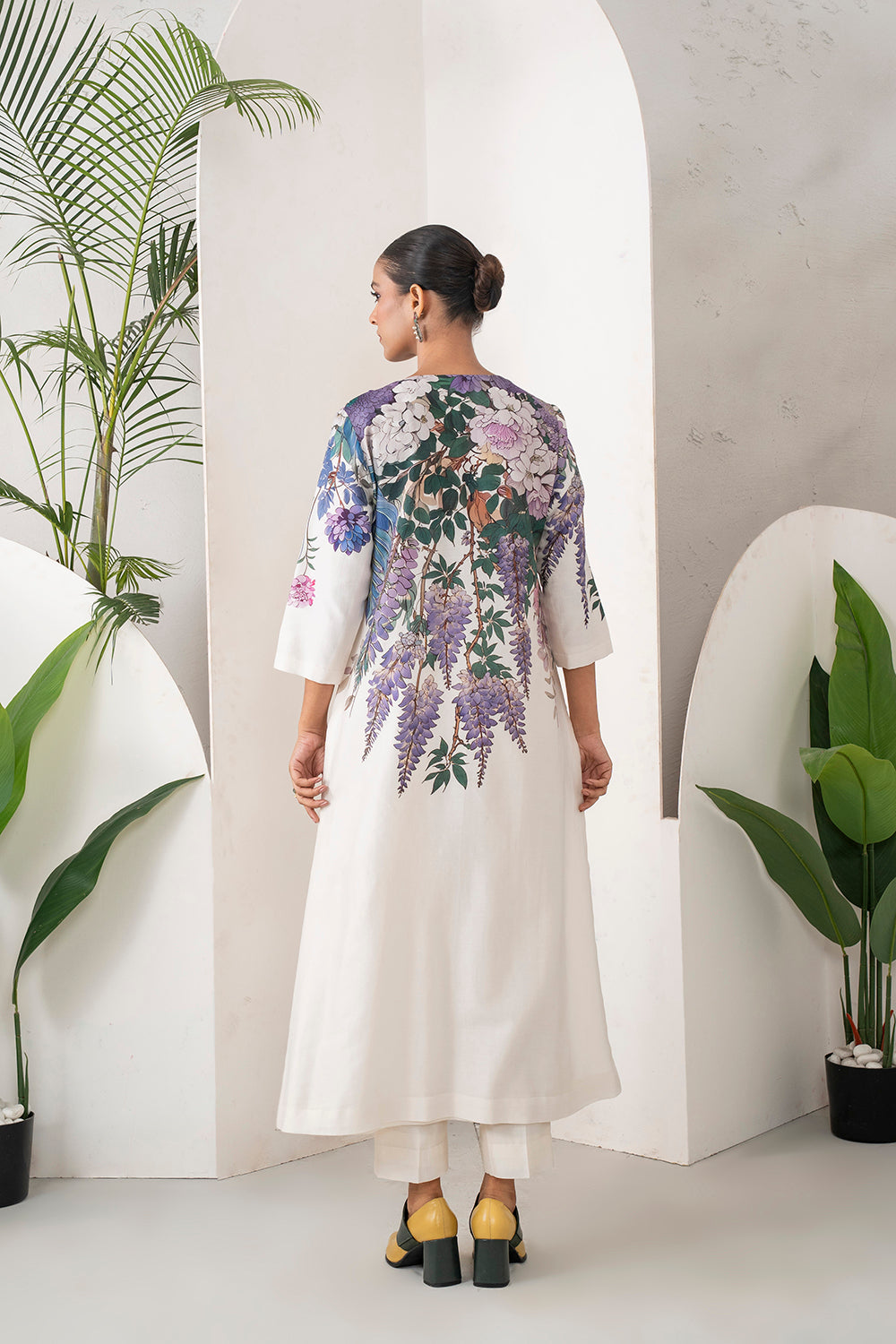 Ivory Silk Chanderi Side Panel Wisteria Printed Dress (1 PC)