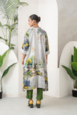 Grey Silk Chanderi Painterly Landscape Printed Zippered Dress (1 PC)
