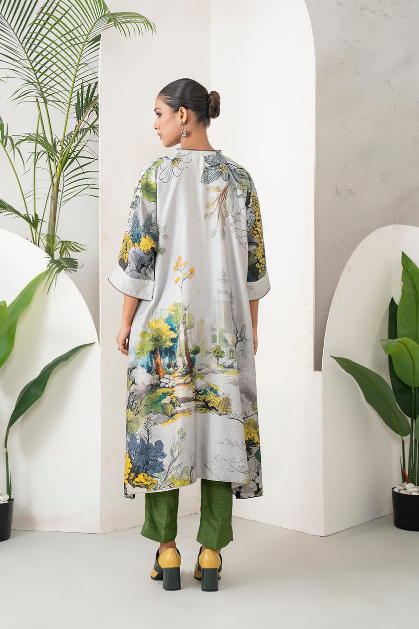 Grey Silk Chanderi Painterly Landscape Printed Zippered Dress (1 PC)