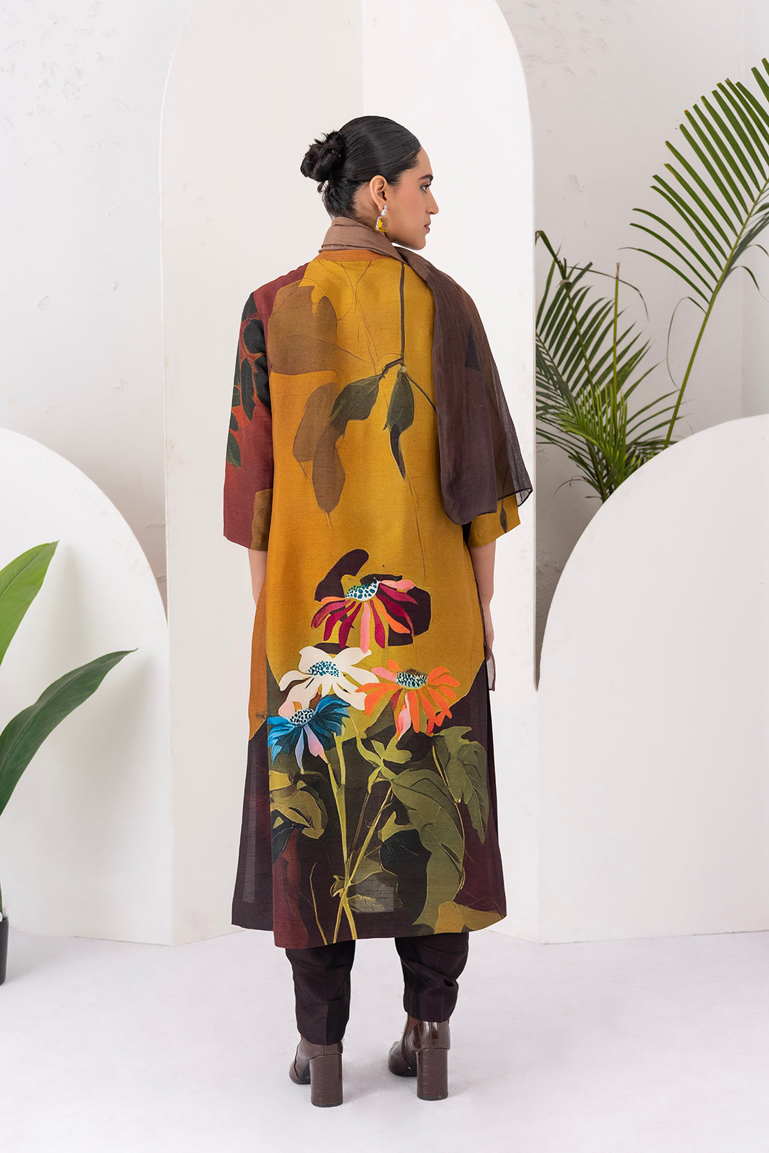 Mustard & Brown Viscose Dupion Printed Tunic (1 PC)