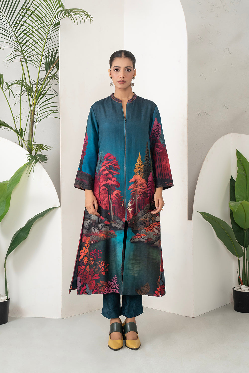 Deep Teal Fades Into Twilight Blue Silk Chanderi Forest Scene Printed Dress (1 PC)