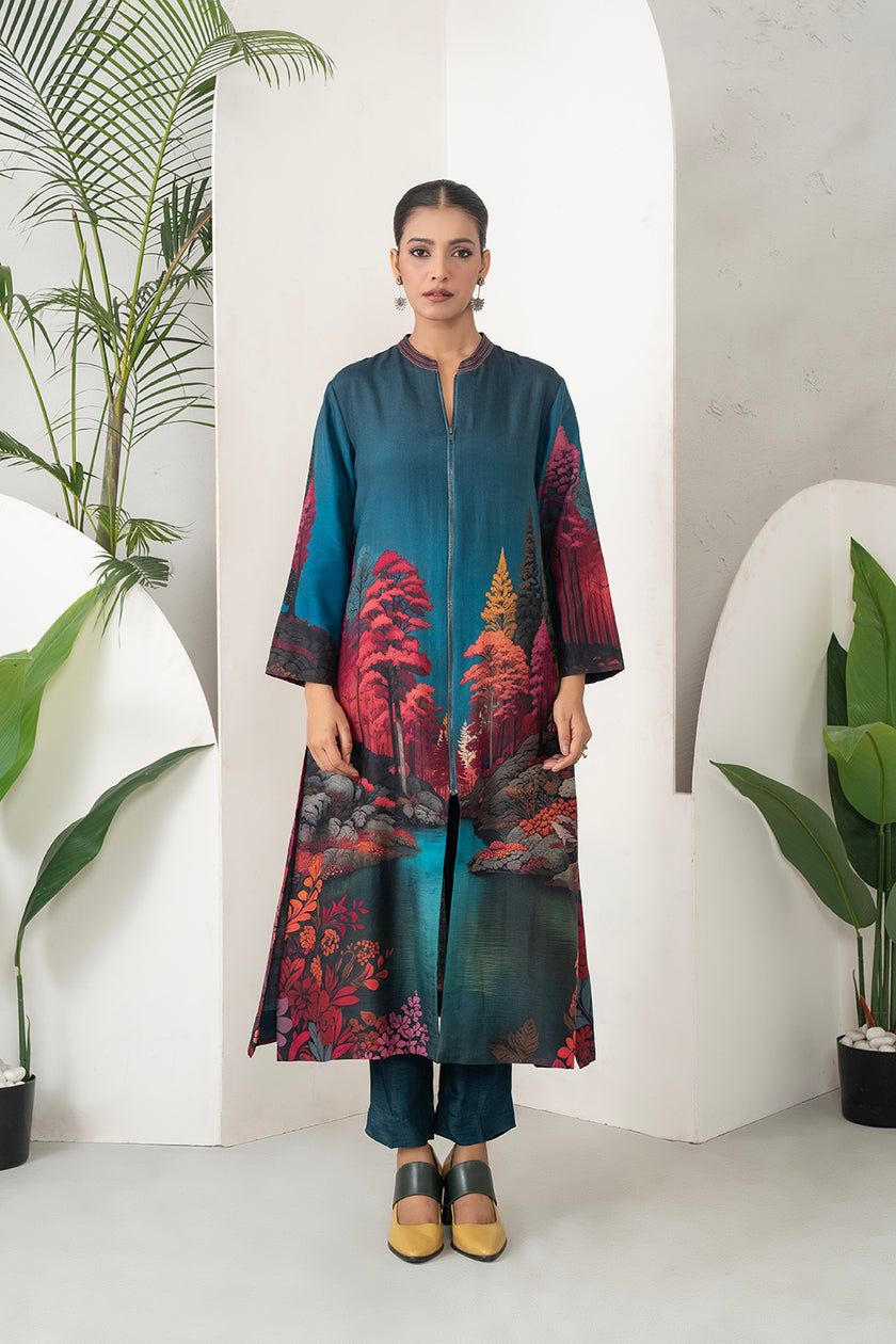 Deep Teal Fades Into Twilight Blue Silk Chanderi Forest Scene Printed Dress (1 PC)