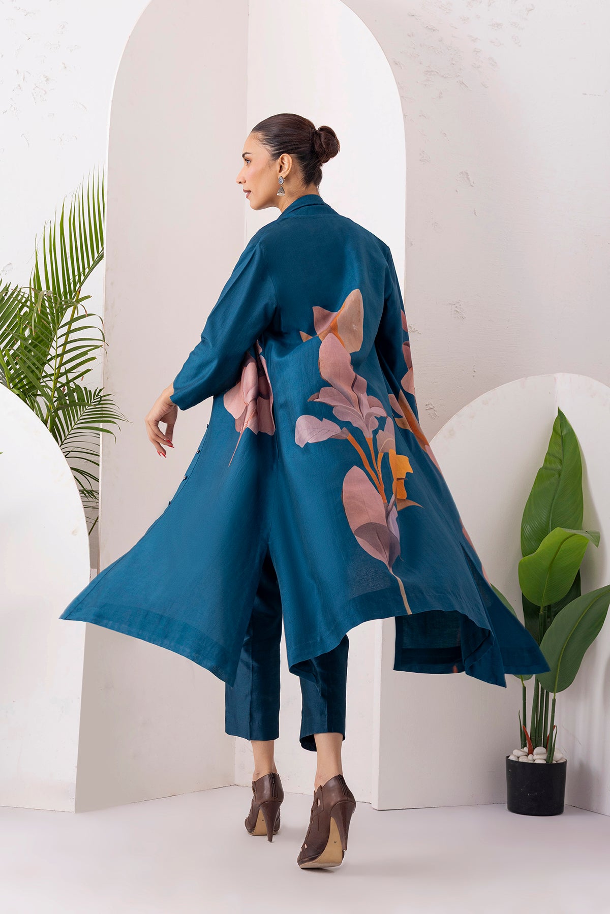 Indigo Silk Chanderi Leaf Printed Dress (1 PC)