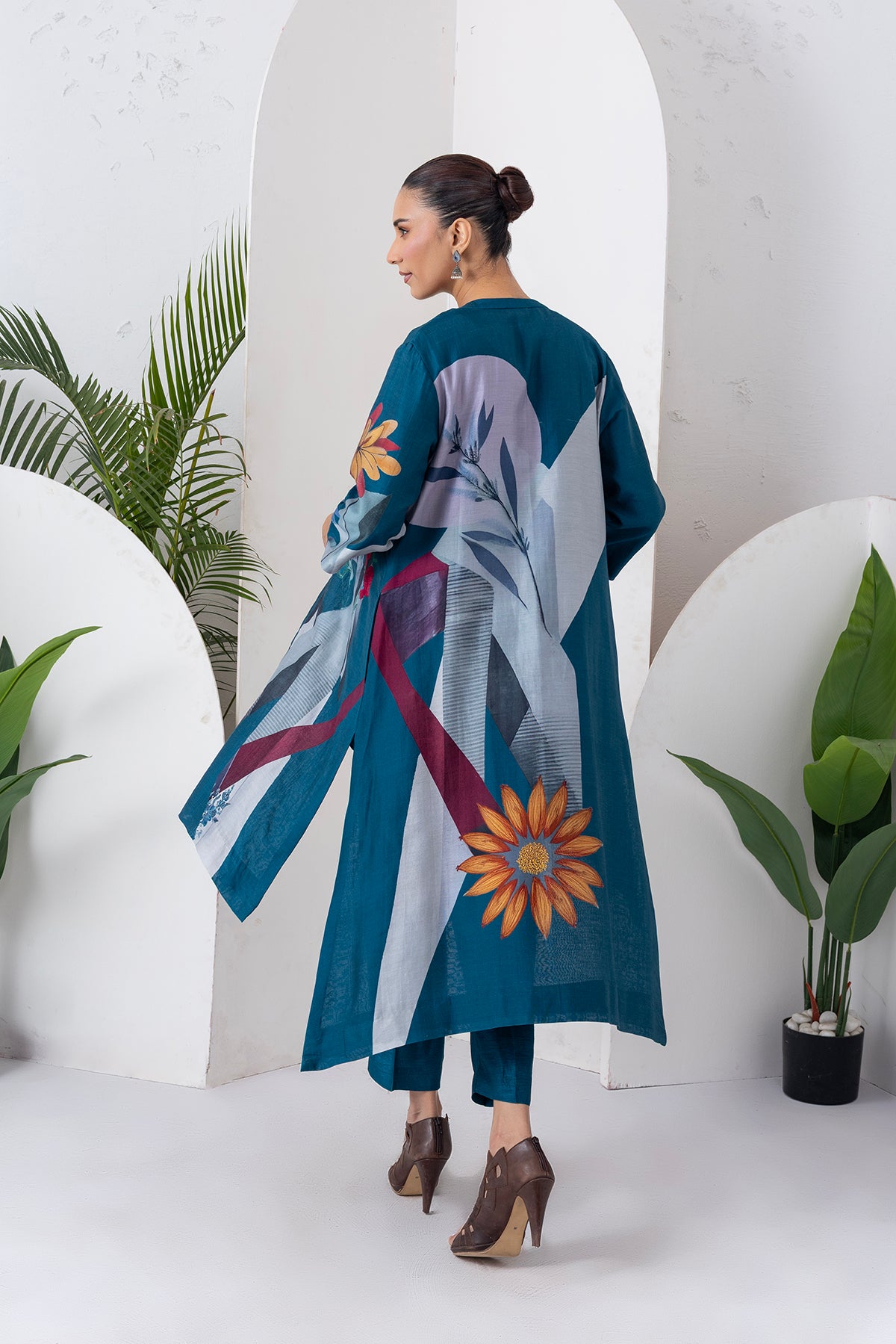 Indigo Silk Chanderi Printed High-Low Dress (1 PC)