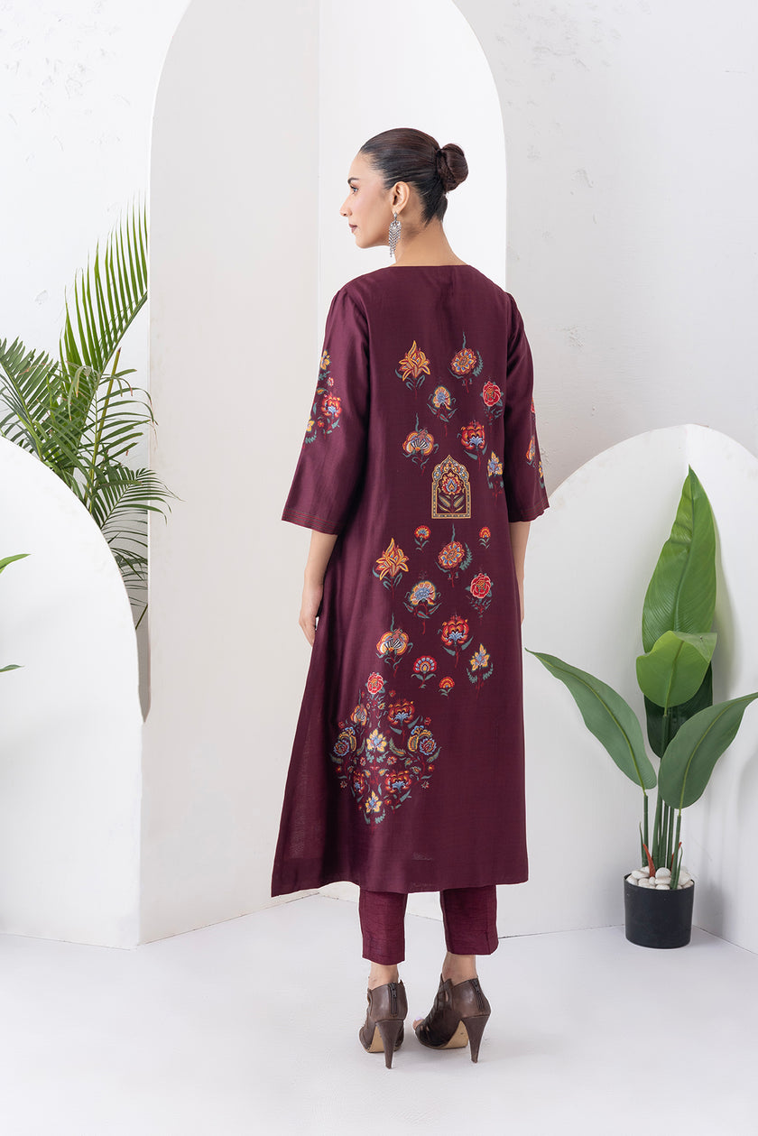 Chocolate Brown Silk Chanderi Printed Side Panel Dress (1 PC)