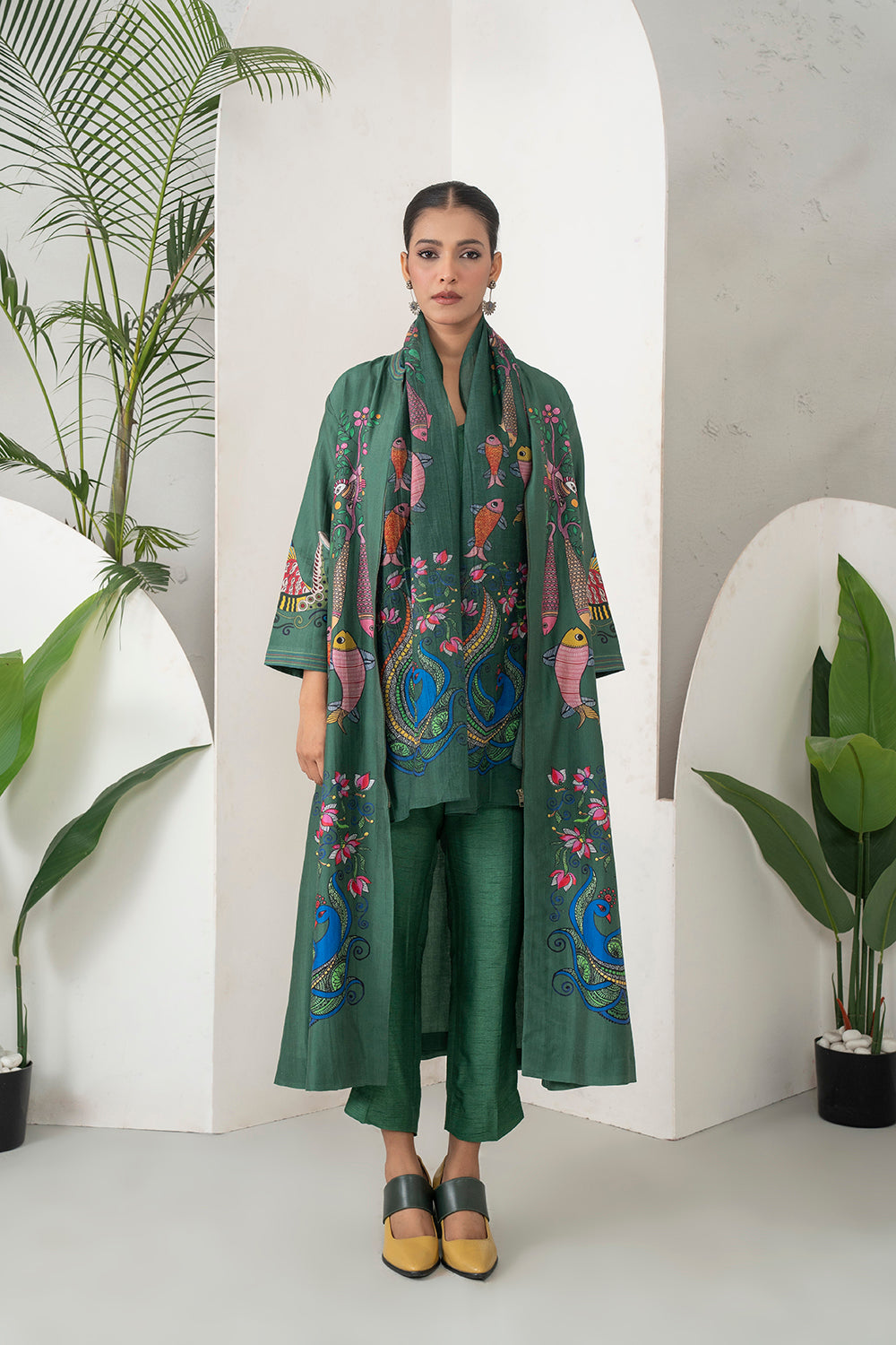 Emerald Thin Chanderi Peacocks And Fish Motifs Printed Stole (1 PC)