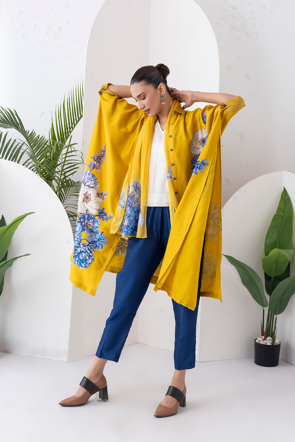 Yellow Silk Chanderi Front Open Kaftan Style Printed Dress (1 PC)
