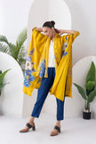 Yellow Silk Chanderi Front Open Kaftan Style Printed Dress (1 PC)