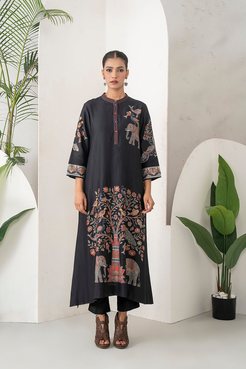 Black Silk Chanderi Rich Folk-Inspired Printed Tunic (1 PC)
