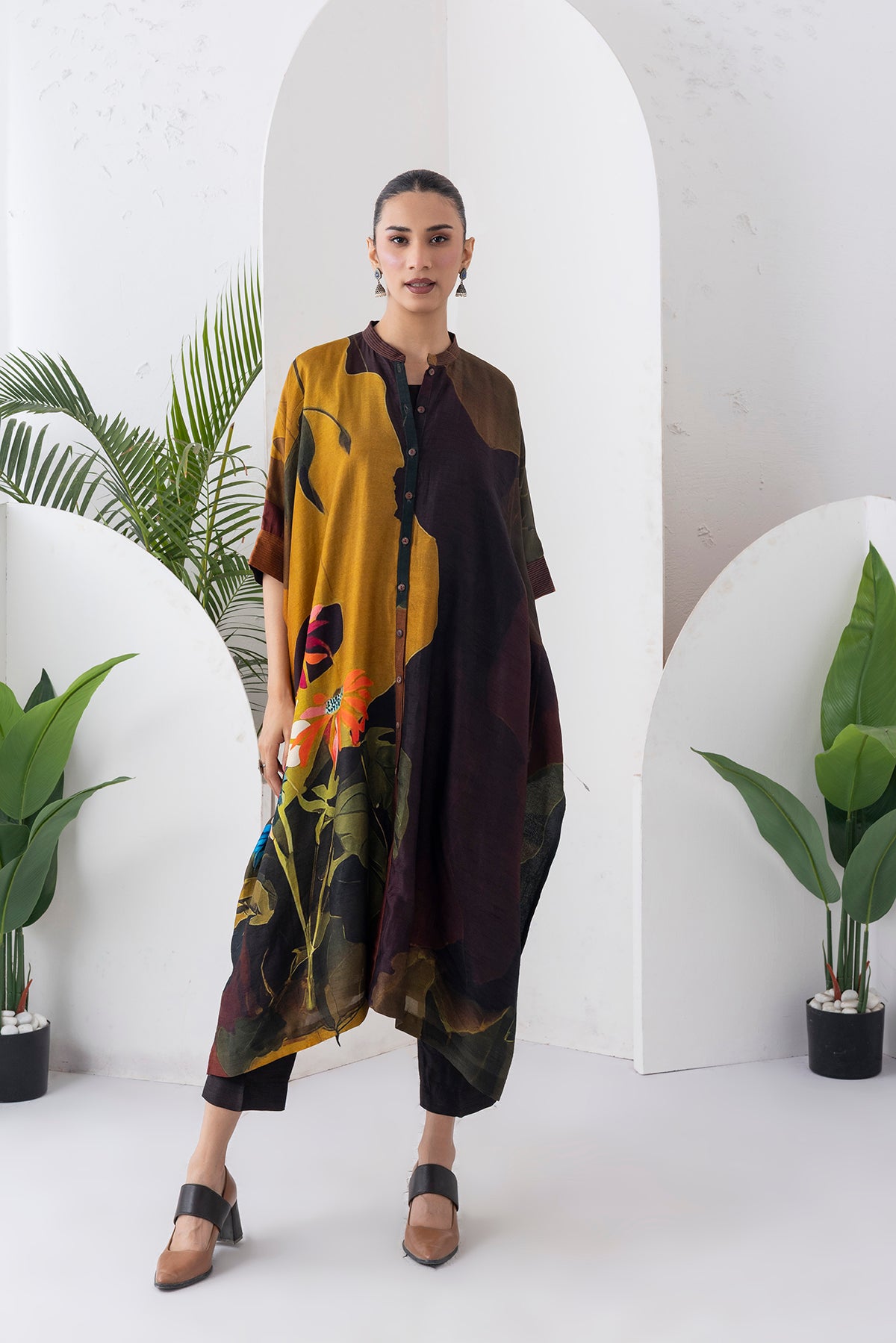 Mustard & Brown Viscose Dupion Printed Kaftan Style Dress (1 PC)