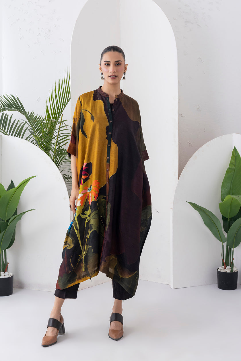 Mustard & Brown Viscose Dupion Printed Kaftan Style Dress (1 PC)
