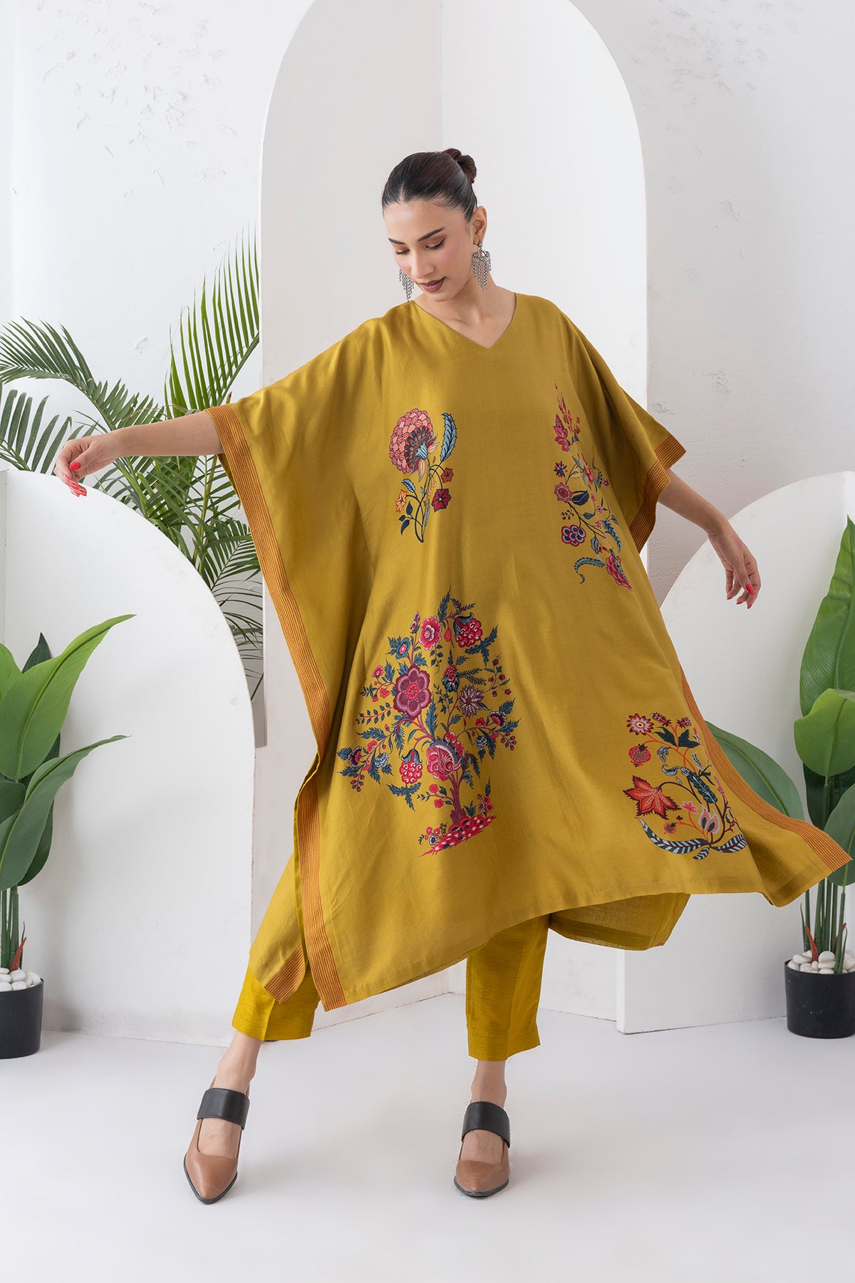 Mustard Silk Chanderi Chintz Printed Kaftan (1 PC)