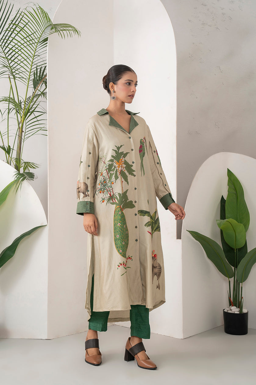 Beige Silk Chanderi Nature-Inspired Printed Dress (1 PC)