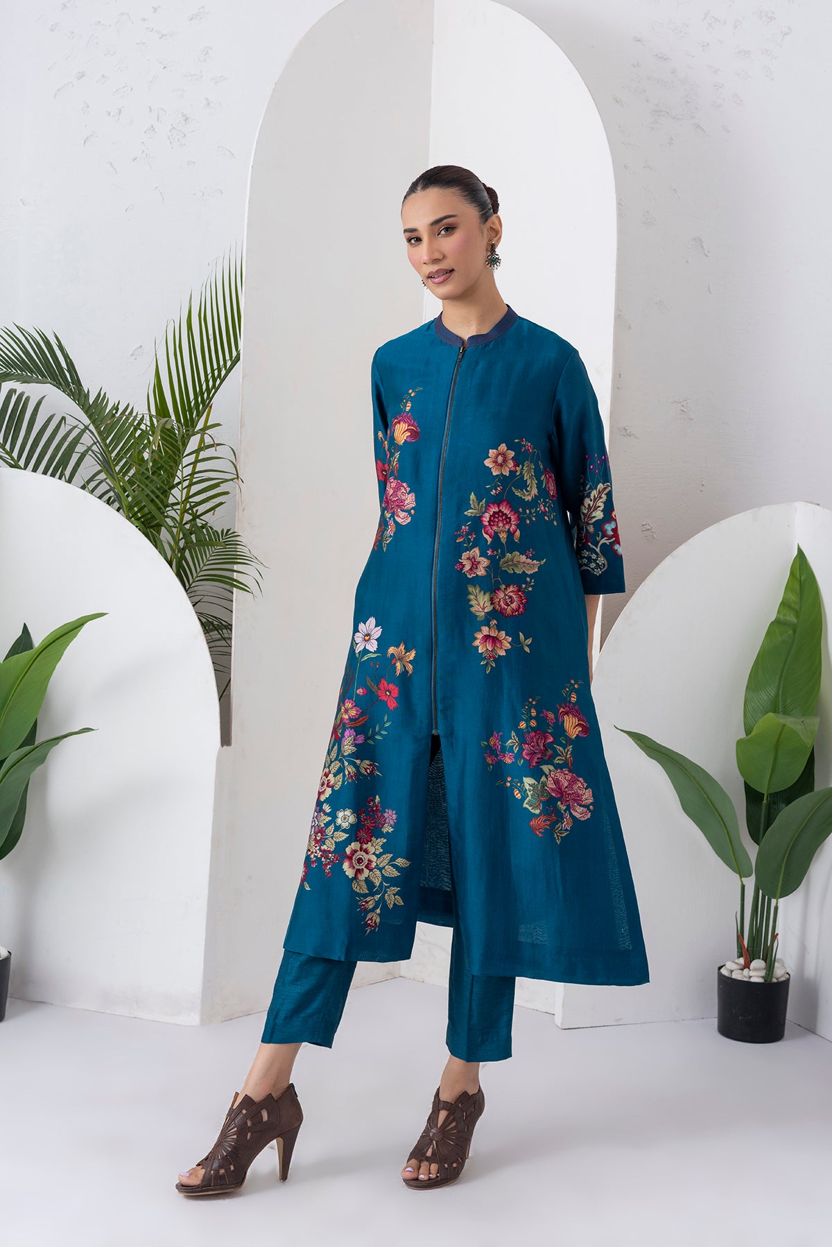 Indigo Silk Chanderi Floral Printed Front-Zip Dress (1 PC)