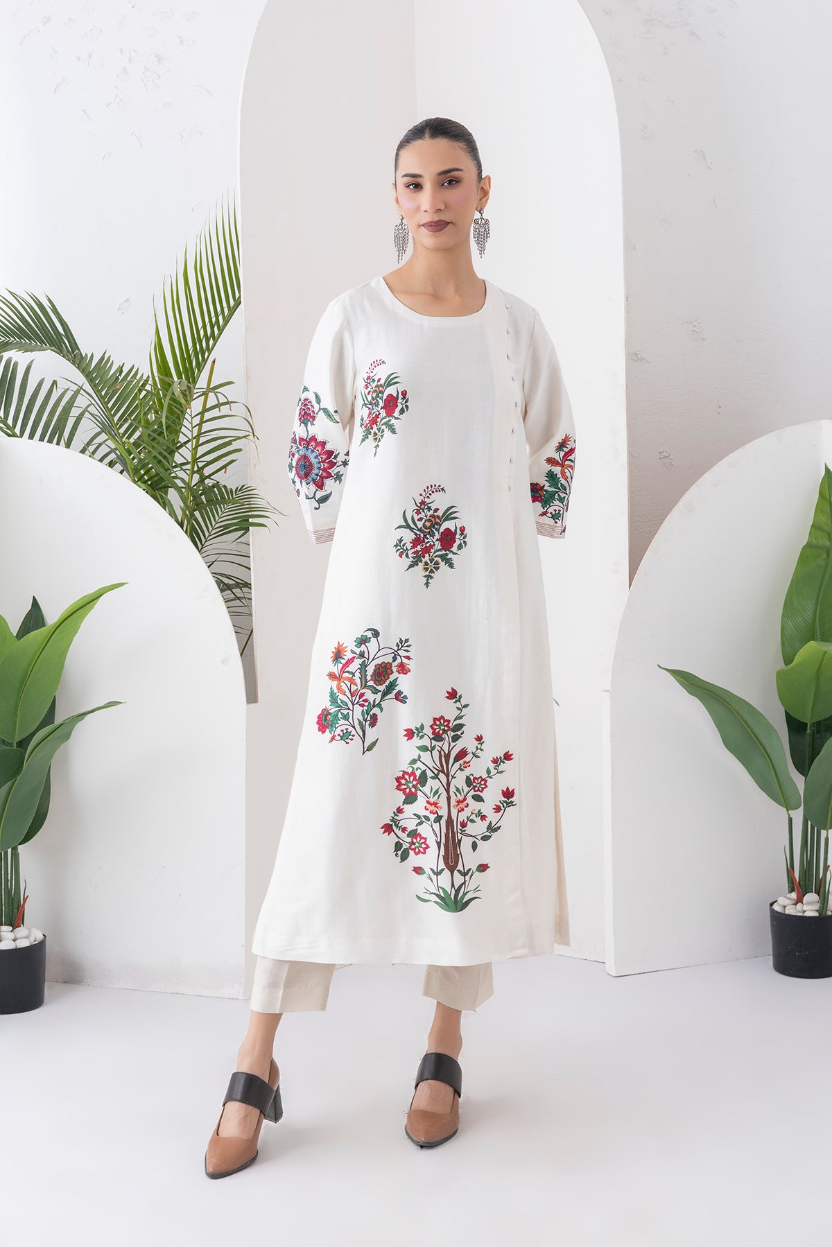 Ivory Silk Chanderi Floral Boota Printed Dress (1 PC)