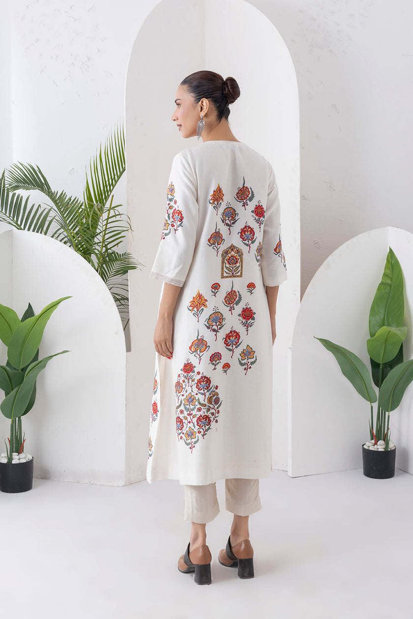 Ivory Silk Chanderi Printed Side Panel Dress (1 PC)