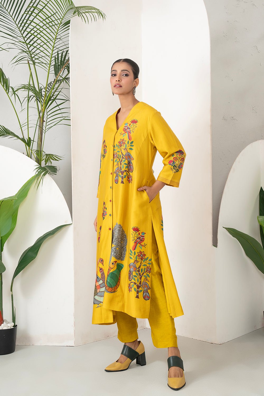 Yellow Silk Chanderi Front Open Striking Bird And Floral Printed Dress (1 PC)