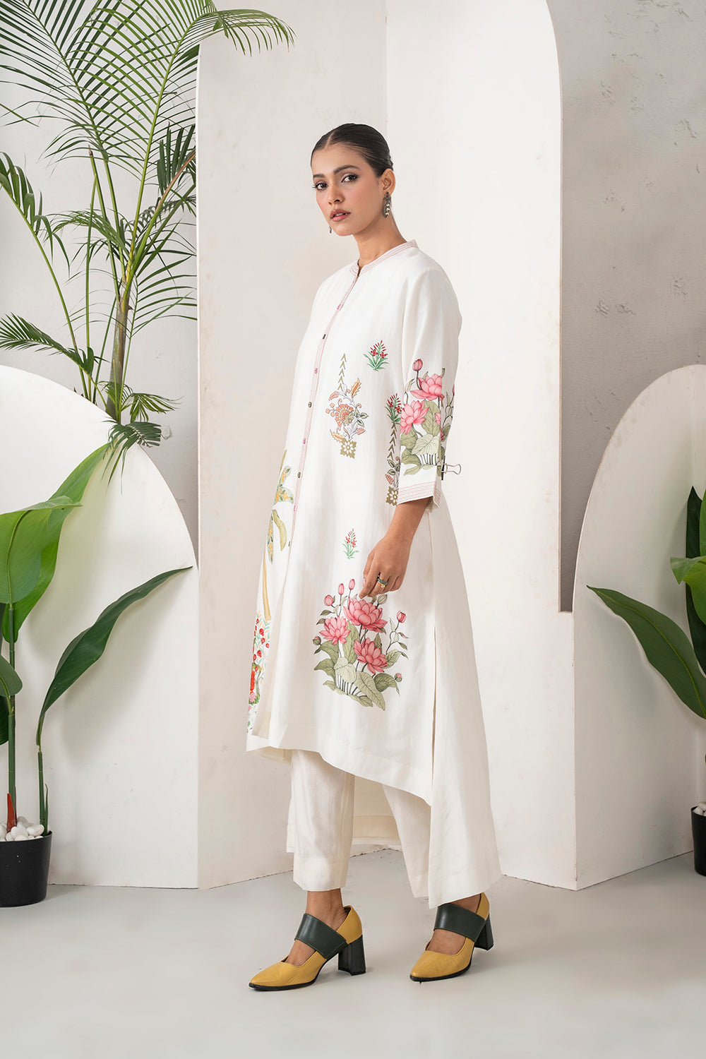 Ivory Silk Chanderi Miniature Art Printed High-Low Dress (1 PC)