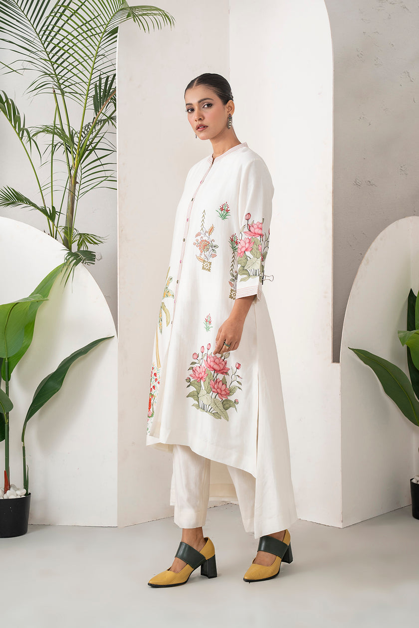 Ivory Silk Chanderi Miniature Art Printed High-Low Dress (1 PC)