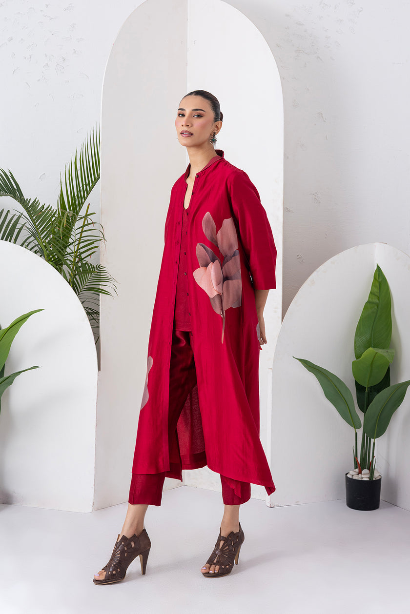 Maroon Silk Chanderi Leaf Printed Dress (1 PC)