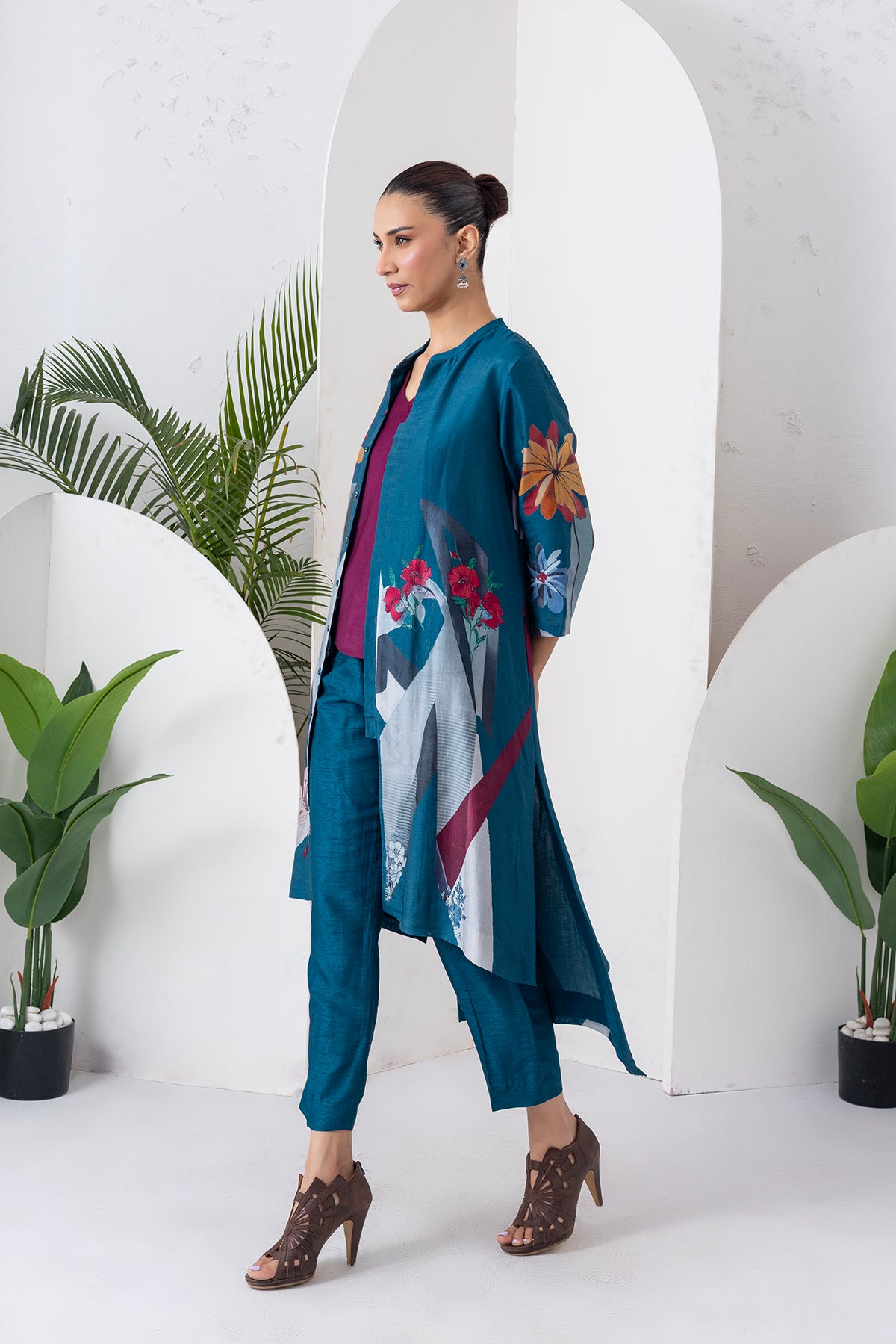 Indigo Silk Chanderi Printed High-Low Dress (1 PC)