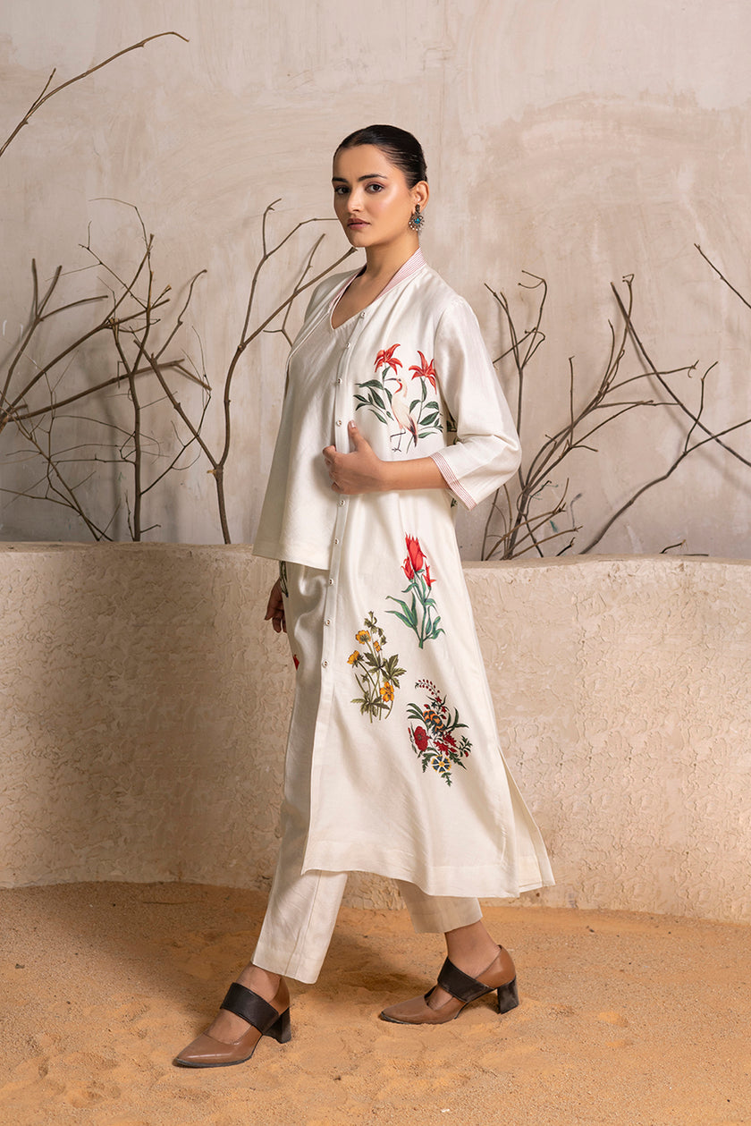 Ivory Silk Chanderi Floral Printed Front Open Dress (1 PC)