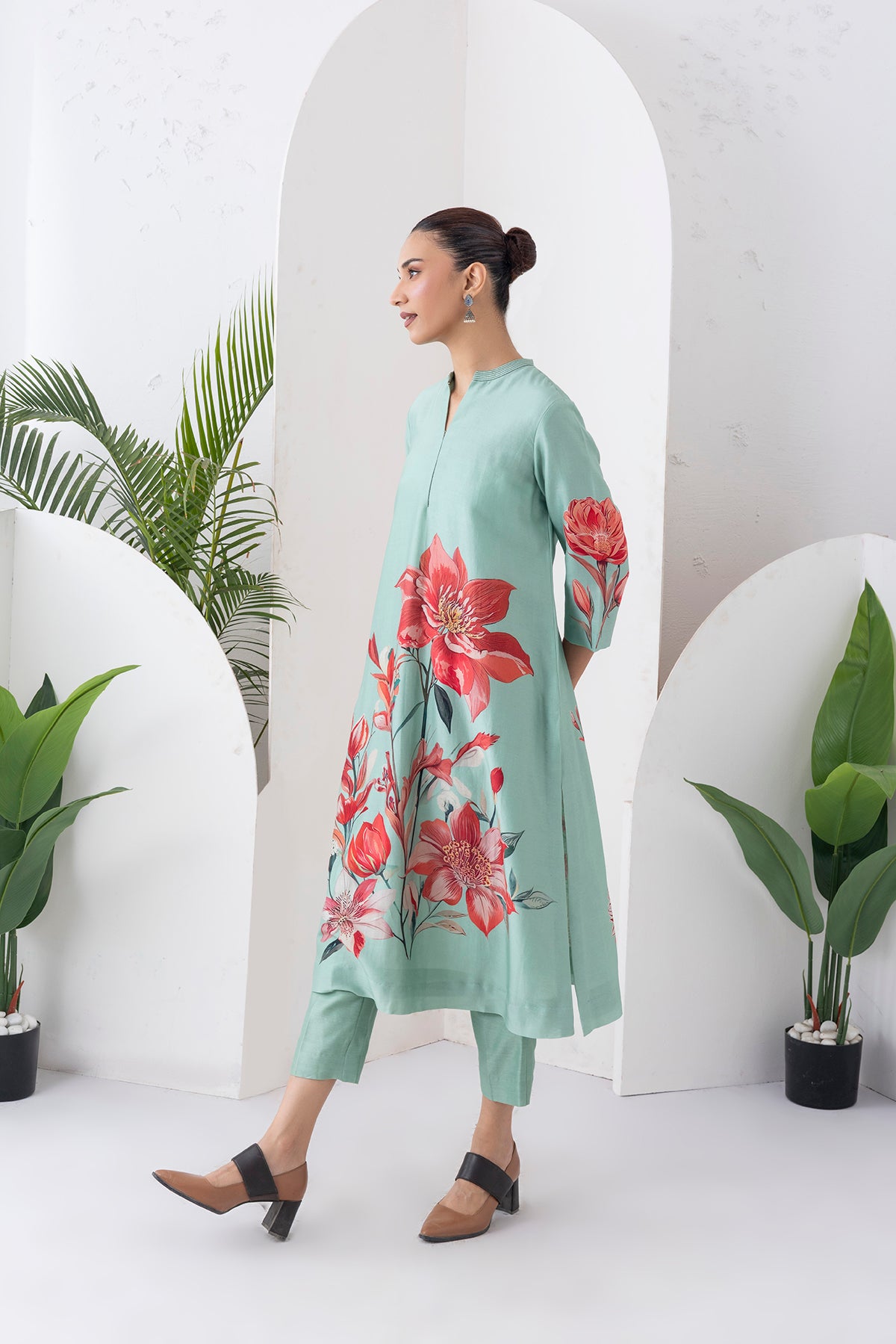 Mint Green Silk Chanderi Bloom-Inspired Printed Tunic (1 PC)