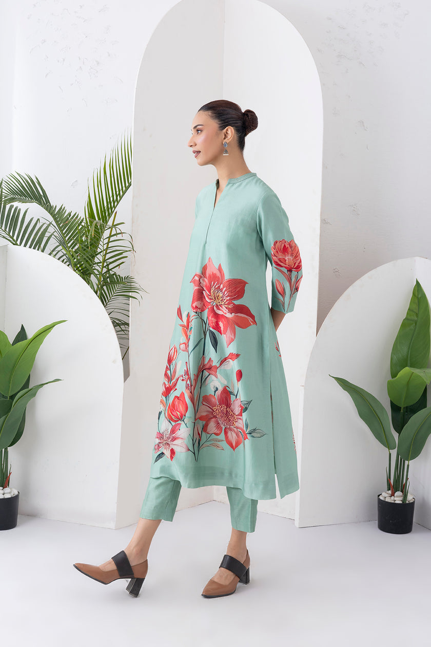 Mint Green Silk Chanderi Bloom-Inspired Printed Tunic (1 PC)
