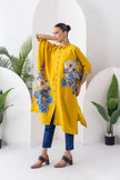 Yellow Silk Chanderi Front Open Kaftan Style Printed Dress (1 PC)
