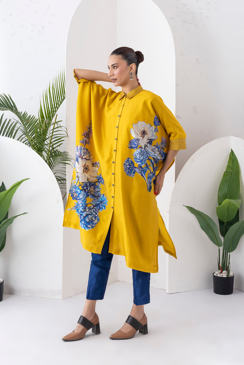 Yellow Silk Chanderi Front Open Kaftan Style Printed Dress (1 PC)