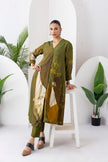 Moss Green Shaded Viscose Dupion Printed High-Low Dress (1 PC)