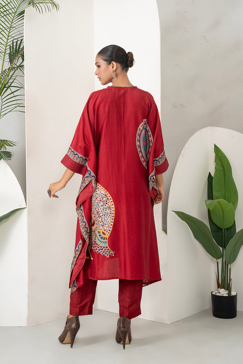 Maroon Silk Chanderi Bold Peacock Printed Zippered Kaftan (1 PC)