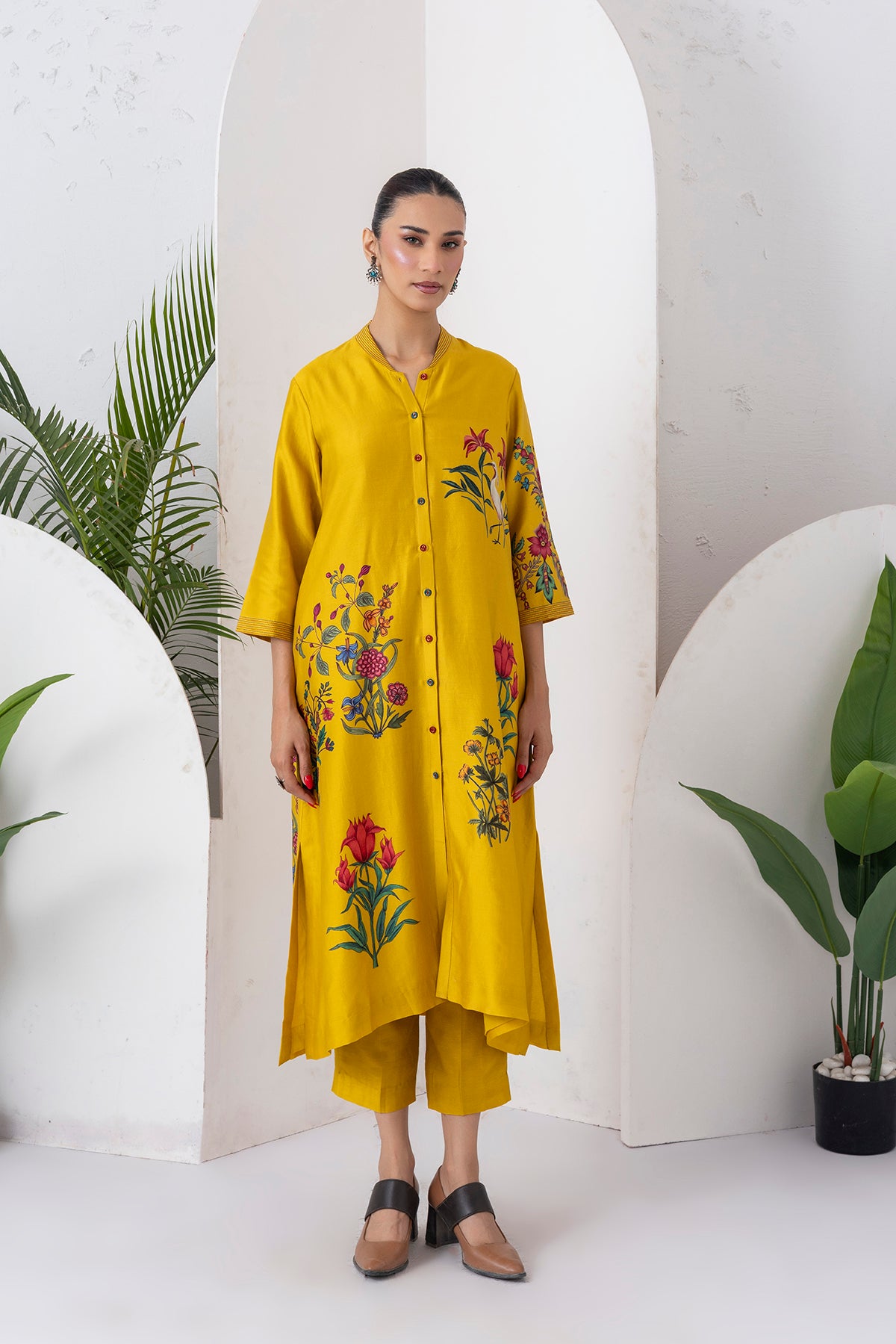 Yellow Silk Chanderi Floral Printed Front Open Dress (1 PC)