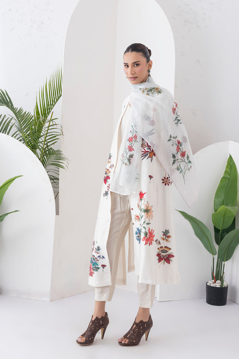 Ivory Silk Chanderi Printed High-Low Dress (1 PC)